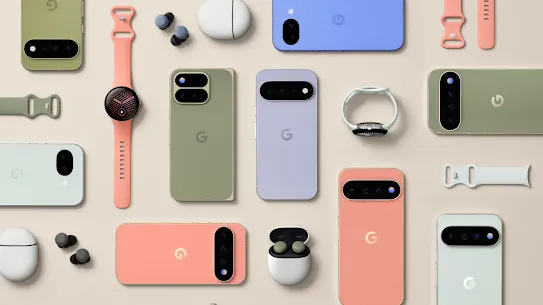 A collection of Pixel devices against a beige background, including phones, a smartwatch, and earbuds.