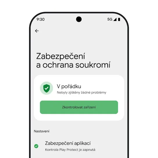 Vizualizace obrazovky chytrého telefonu s operačním systémem Android, na které je otevřené nastavení zabezpečení a ochrany soukromí s výsledky kontroly zařízení a nastavením zabezpečení aplikací.