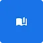 A white minimalist icon of an open book with a bookmark on a solid blue background.