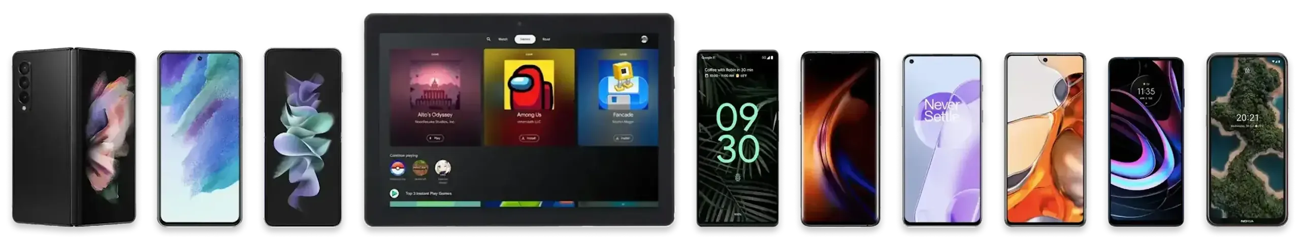 Row of 9 smartphones and one tablet