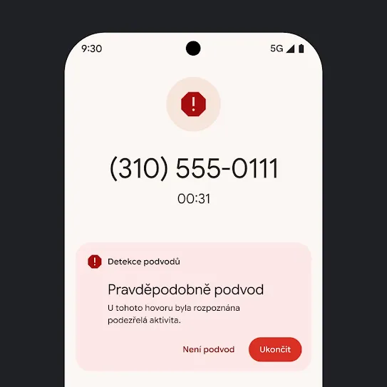 Vizualizace plochy chytrého telefonu Pixel s oznámením o automaticky odmítnutém spamovém volání.