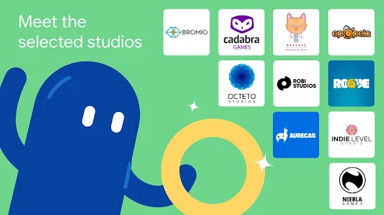 A green banner titled "Meet the selected studios" featuring a blue cartoon character holding a yellow ring beside a grid of various game studio logos.