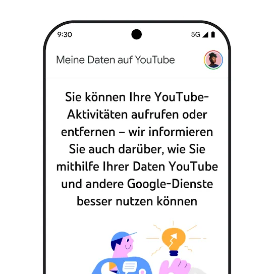 Ein Smartphone-Display mit der YouTube App. Eine Meldung zum Thema „Meine Daten auf YouTube“ mit Details zum Aufrufen und Löschen des Aktivitätsverlaufs wird angezeigt.