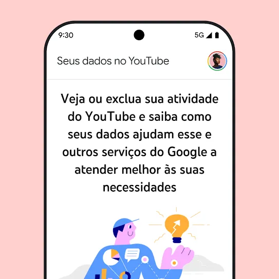 Imagem da tela de um smartphone com o YouTube aberto, mostrando uma mensagem informativa sobre a seção "Seus dados no YouTube", incluindo detalhes sobre como procurar e excluir o histórico de atividades.