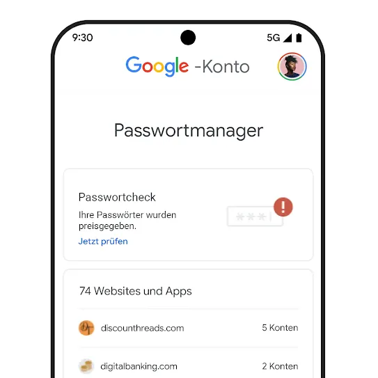 Auf einem Smartphone-Display wird unter der Überschrift „Passwortmanager“ der Passwortcheck angezeigt