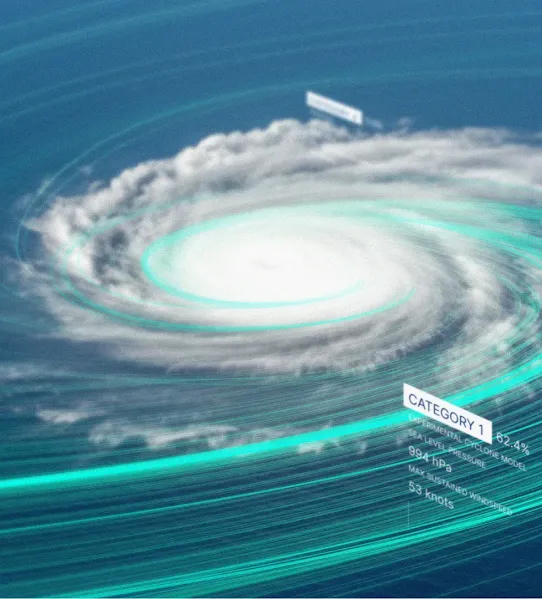 Satellite view of a hurricane over the ocean with teal digital data overlays showing wind speed and pressure metrics for different storm categories.