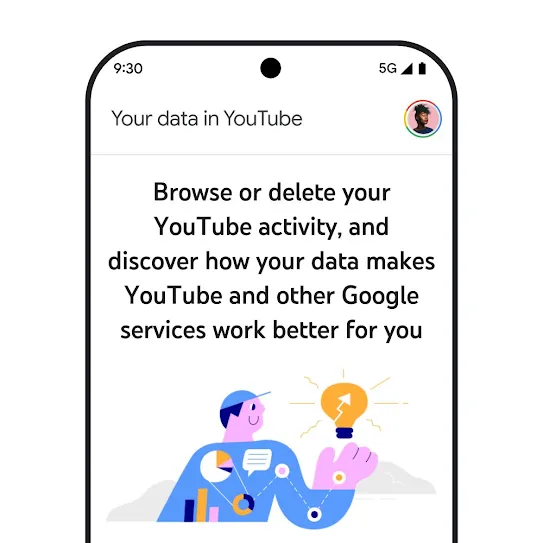 Visual of a smartphone screen with YouTube open, displaying an informational message about “Your data in YouTube” including details on browsing and deleting activity history.
