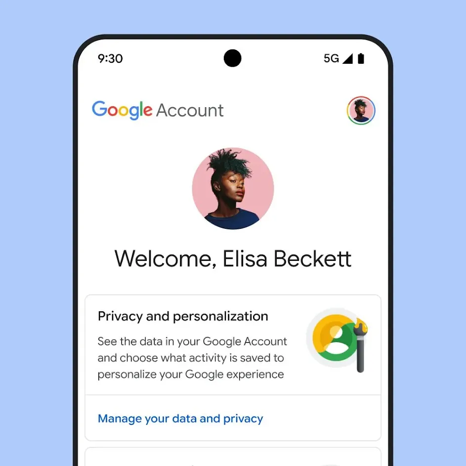 Image of the Google My Account UI, including a message about privacy and personalization, and a link to manage your data and privacy.