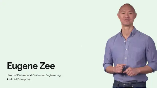 A portrait of Eugene Zee, Head of Partner and Customer Engineering for Android Enterprise, against a light green background.