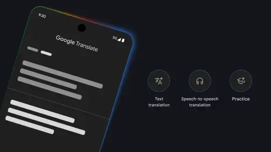 phone open to Google translate with backlighting in Google brand colors showing key features