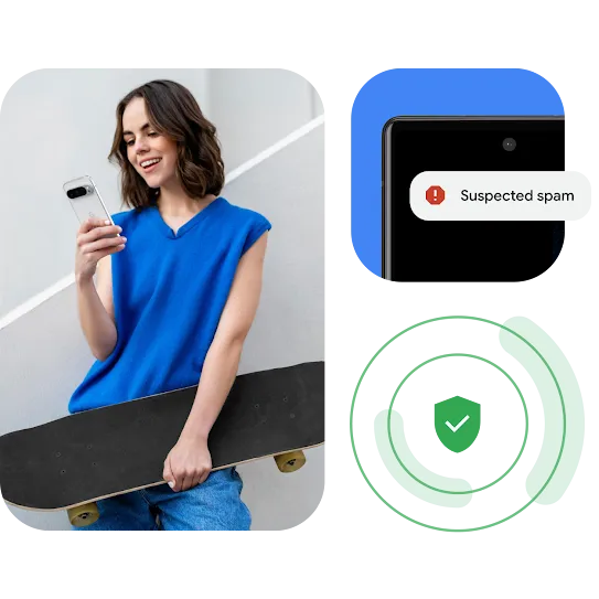 A user is standing holding a skateboard and using their phone. While Android is proactively scanning and filtering out spam.