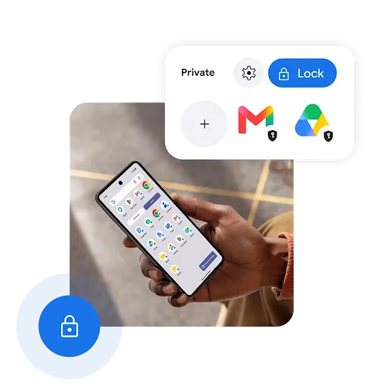 A person holds an Android smartphone displaying a grid of apps. A “Private” security panel with a Lock button and Gmail and Google Drive icons appears above the phone, while a blue lock icon is shown in the lower-left corner.