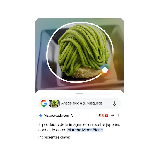 Se rodea una tarta Mont Blanc de matcha para mostrar cómo funciona Vista Creada con IA en Rodea para Buscar.