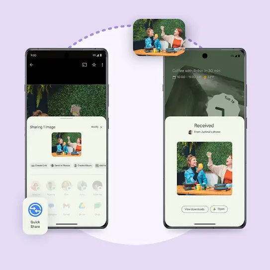 Two phone are side by side. The one on the left has a white overlay on top of a picture that reads, “Sharing 1 image” and the image selected with a series of action options below it. The Quick Share logo overlays the phone on the bottom left corner. The phone on the right has a white overlay on top of the home screen that reads, “Received. From Justina’s phone” with the incoming picture and two pill-shaped buttons below it: “View downloads” and “Open.” The featured picture is minimized and overlays the phone on the upper right corner.