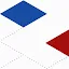 Abstract geometric graphic featuring a solid blue diamond and a dark red triangle connected by intersecting gray dotted lines on a white background.