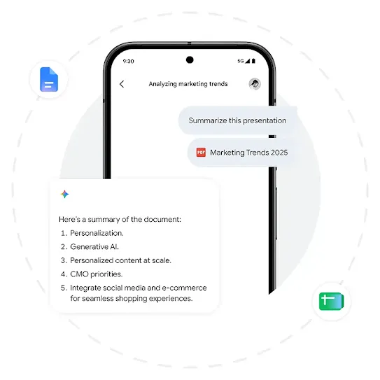 A phone screen showing an abstract example of how the Gemini app creates a summary of a presentation on a PDF. Two Google app icons are scattered around the phone.
