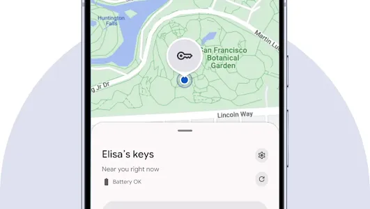 A phone screen shows a pin pulsating behind a key icon on a map. A sound bar line moves to indicate sound is playing.