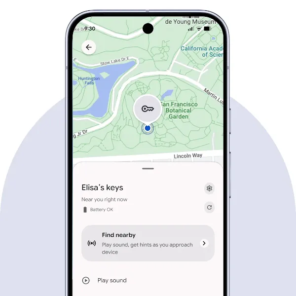 A phone screen shows a pin pulsating behind a key icon on a map. A sound bar line moves to indicate sound is playing.