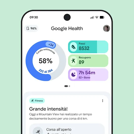 Immagine dello schermo di uno smartphone con l'app Google Health aperta che mostra un riepilogo di un allenamento.