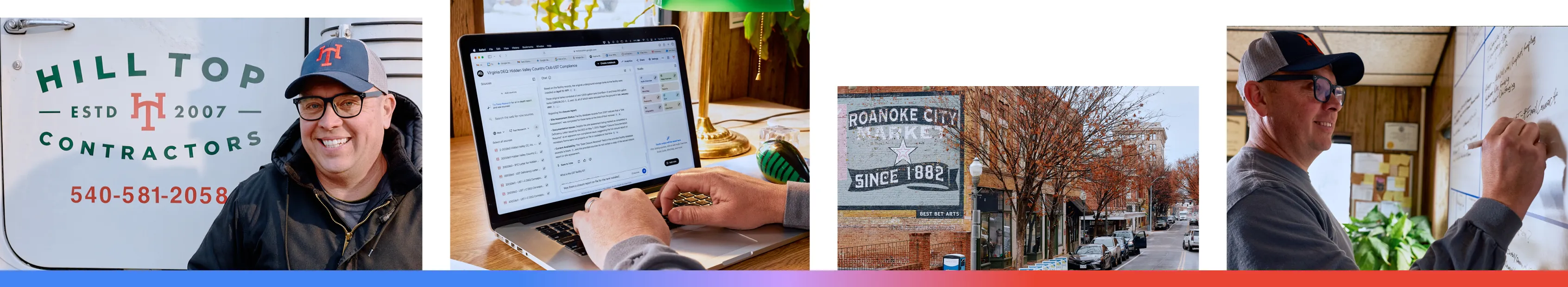 Four images of John Stump, the co-owner and CEO of Hill Top Contractors, a storage tank removal, installation, and petroleum remediation company based in Roanoke, Virginia.