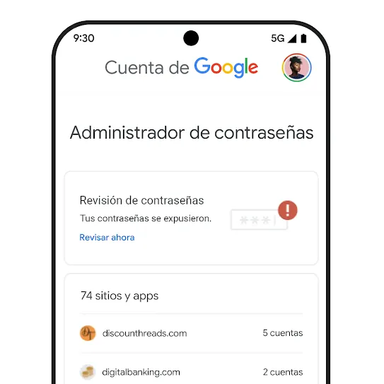 Imagen de la pantalla de un smartphone en la que se muestra la Revisión de contraseñas debajo de Administrador de contraseñas.