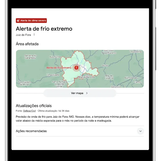 A tela de um celular mostra um Aviso Público do Google sobre uma tempestade severa com trovões na Flórida. A interface inclui um mapa destacando a área afetada ao redor da Cidade do Panamá, um botão "Ver mapa" e uma atualização de texto oficial do Serviço Nacional de Meteorologia afirmando que o alerta permanece em vigor até as 13h CDT.