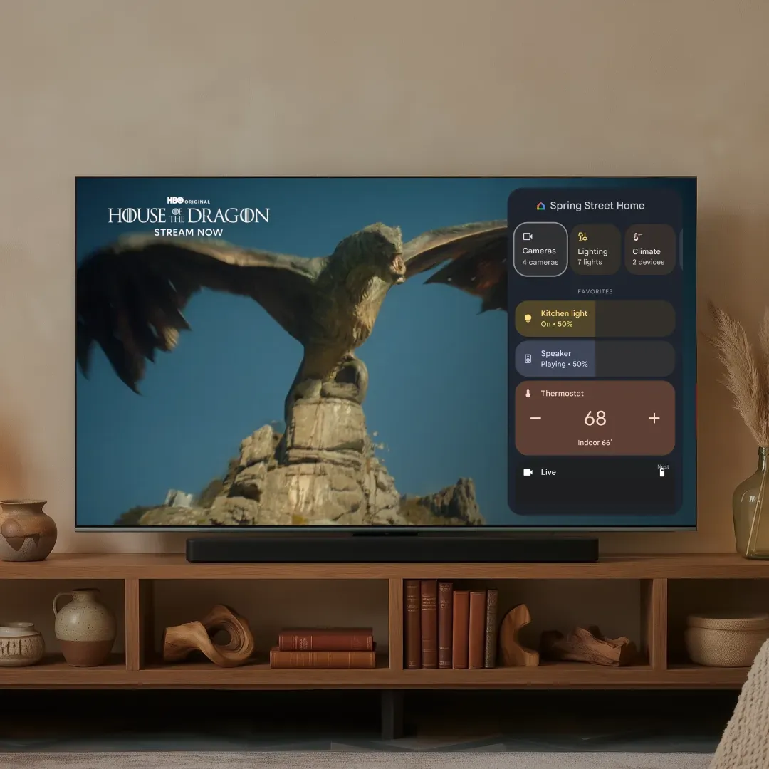TV displaying a dragon from the show House of the Dragon. Overlaid on right is a Google TV dashboard interface, with controls for cameras, lighting, and climate, alongside favorites like 'Kitchen light' and 'Speaker' status.