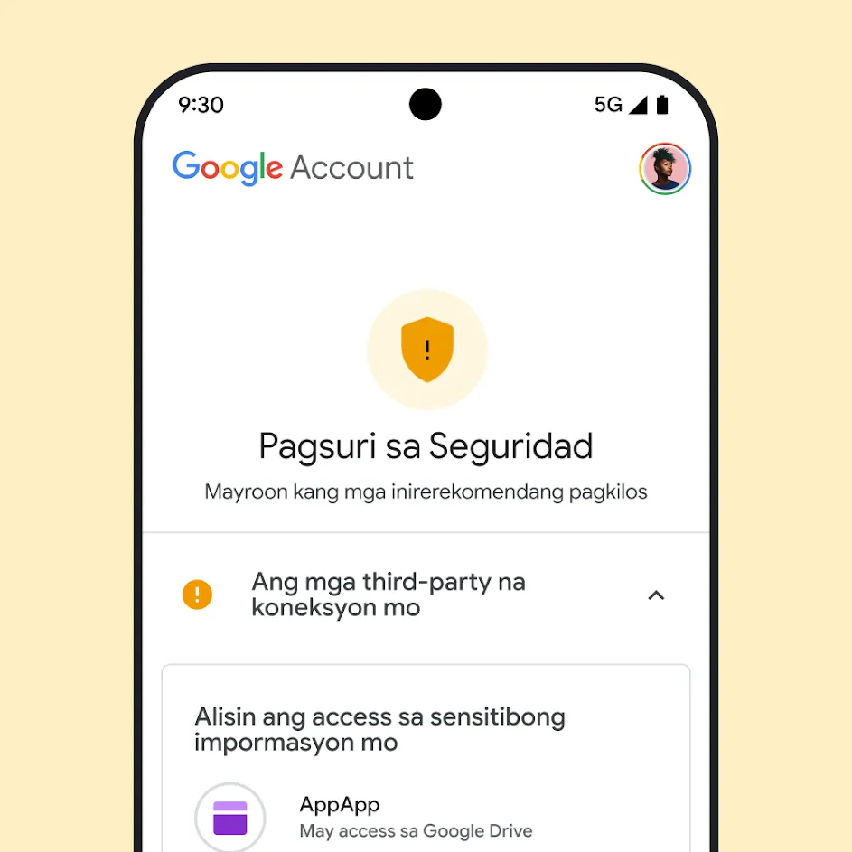 Larawan ng UI ng Security Checkup ng Google.
