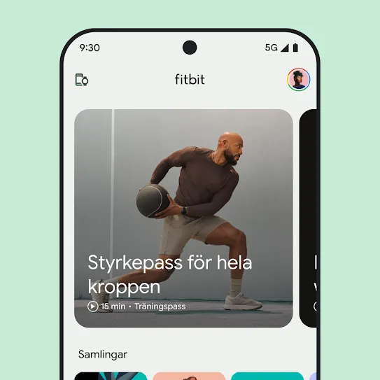 Bild av en smartphone-skärm med Fitbit-appen öppen som visar en bild för ett träningspass för hela kroppen.