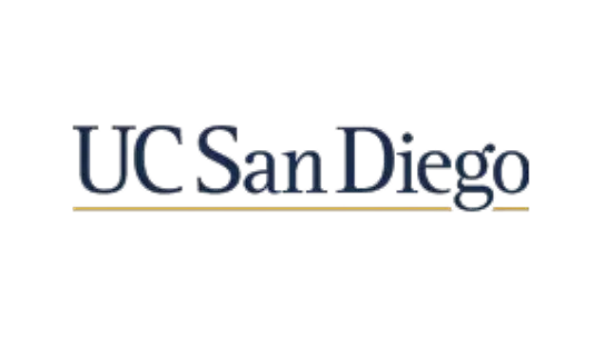 Official UC San Diego logo featuring dark blue serif text underlined with a thin gold line on a white background.