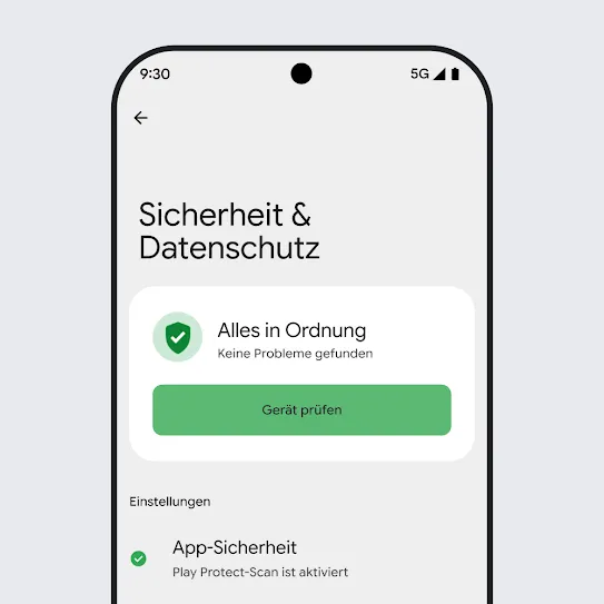 Ein Android-Smartphone mit Einstellungen für „Sicherheit & Datenschutz“. Ergebnisse eines Gerätescans und die Sicherheitseinstellungen für Apps sind zu sehen.