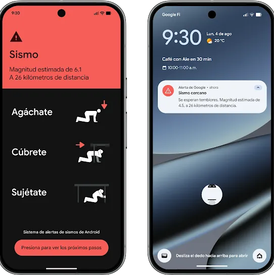 Comparación en paralelo de dos pantallas de smartphones que muestran el Sistema de alertas de sismos de Android. La pantalla de la izquierda muestra una alerta de emergencia en pantalla completa con un encabezado rojo que dice "Sismo: magnitud estimada de 6.1, a 26 kilómetros de distancia" junto con íconos de instrucciones para agacharse, cubrirse y sujetarse. A la derecha, se muestra una pantalla de bloqueo estándar con una notificación compacta de Alerta de Google que dice "Sismo cercano: se esperan temblores".