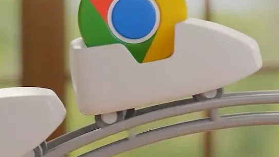 A 3D digital illustration featuring the Google Chrome logo sitting inside a white, futuristic roller coaster car. The car is traveling along a gray elevated track, symbolizing the speed, performance, and exciting momentum of the new era of web browsing.
