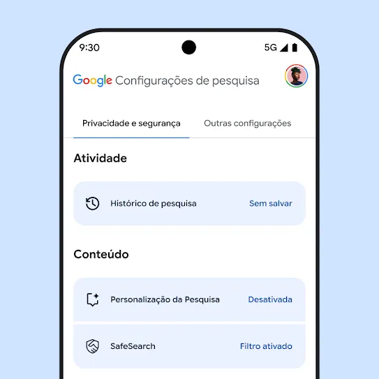 Imagem das configurações da Pesquisa Google na tela de um smartphone, incluindo as opção de histórico de pesquisa, Personalização da Pesquisa e SafeSearch.