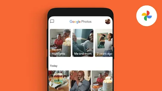 An Android phone showing a Google Photos screen where several photos are displayed in a grid. We also see the Google Photos logo.
