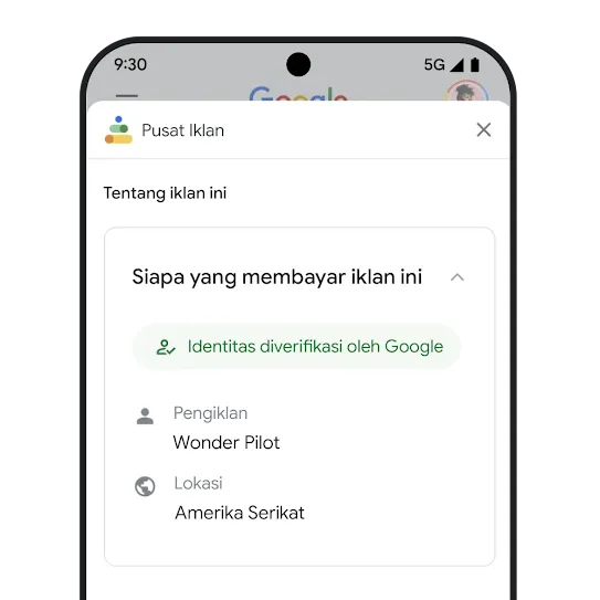 Mockup halaman "Siapa yang membayar iklan ini" dalam Pusat Iklan. 