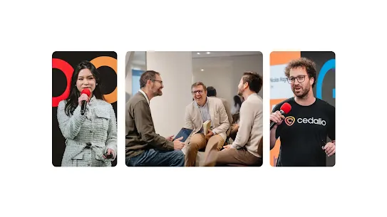 A three-panel photo collage with rounded corners set against a solid white background, showcasing a professional tech event or startup accelerator. The left panel shows a young Asian woman in a textured grey tweed jacket speaking into a red microphone. The center panel displays three men sitting together, laughing and networking; one holds a digital tablet while another holds a small notebook. The right panel shows a man with curly hair and glasses wearing a black "cedalio" t-shirt, gesturing as he speaks into a red microphone during a presentation.