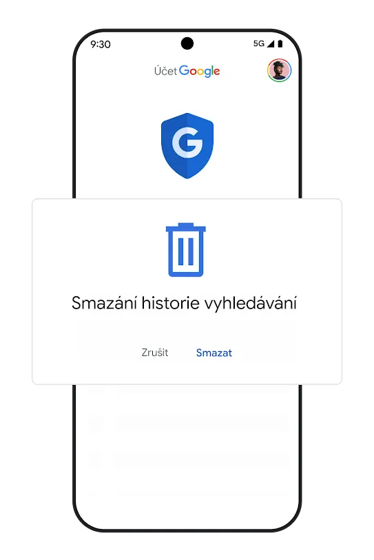 Grafika telefonu s uživatelským rozhraním pro smazání aktivity ve vyhledávání. 