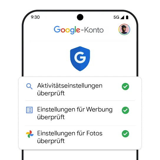 Im Menü des Google-Kontos auf einem Mobilgerät wird angezeigt, dass alle Einstellungen überprüft wurden