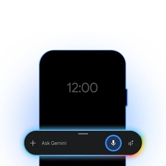 A close-up of an Android phone screen and at  the bottom, a glowing overlay bar prompts the user to "Ask Gemini," with a large microphone icon ready for a voice command.