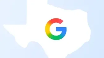 A graphic featuring a white silhouette map of the state of Texas against a soft light blue background. A circular Google "G" logo is centered over the map, representing the company's new data center and clean energy initiatives in Wilbarger County, Texas.