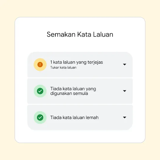Antara muka untuk Semakan Kata Laluan memaparkan hasil carian termasuk “1 kata laluan yang terjejas” dan cadangan untuk menukar kata laluan itu.