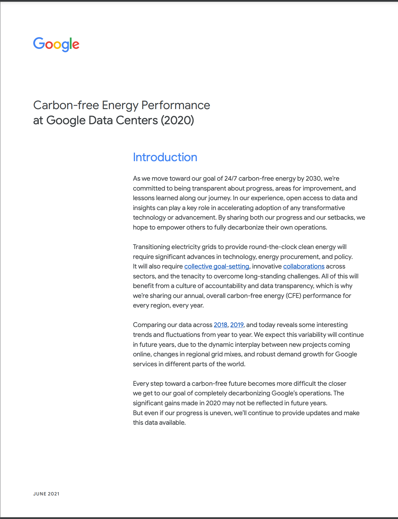 Cover image of a white paper titled: Carbon-free Energy Performance at Google Data Centers (2021)