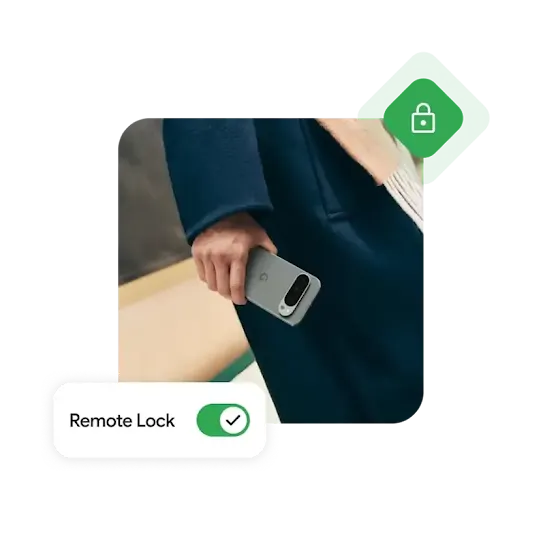 Remote lock feature is displayed with a person on the move holding a mobile device.