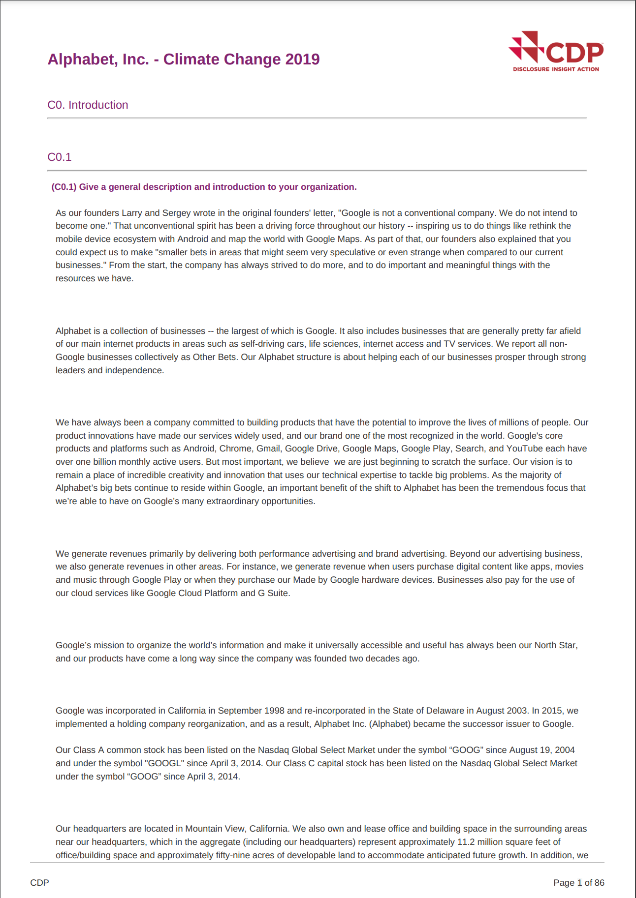 Cover image of Alphabet's 2019 CDP Climate Change Response