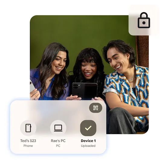 Three smiling friends look at a phone together, with a lock icon along with a device notification are both layered above. 