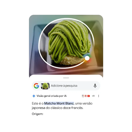 A sobremesa de matcha Mont Blanc é circulada e usada como exemplo para mostrar como a visão geral criada por IA funciona no Circule para Pesquisar.
