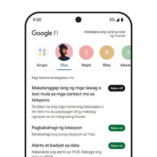 Visual ng screen ng smartphone na may nakabukas na Google Fi Wireless, na nagpapakita ng row ng mga contact sa itaas at listahan ng mga feature na pangkaligtasan sa ibaba, kabilang ang pag-share ng lokasyon at mga alerto sa data.