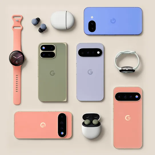 Colorful Google Pixel phones, watches, and wireless earbuds neatly arranged on a neutral background.
