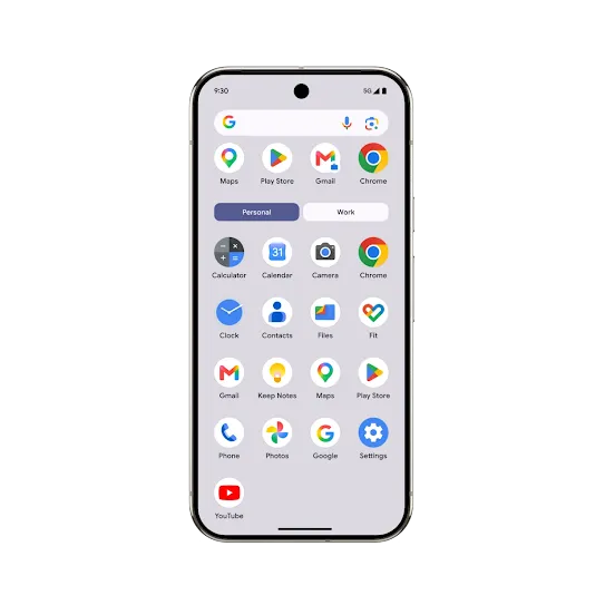 A smartphone screen displaying an Android app drawer with a grid of colorful icons like Maps, Gmail, and Chrome. The interface features "Personal" and "Work" tabs at the top, a Google search bar, and a clean, light-colored background.